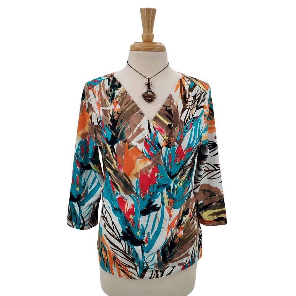 Peck & Peck Womens Multicolor V-Neck Blouse Top Size S 3/4 Sleeve Stretch Career
